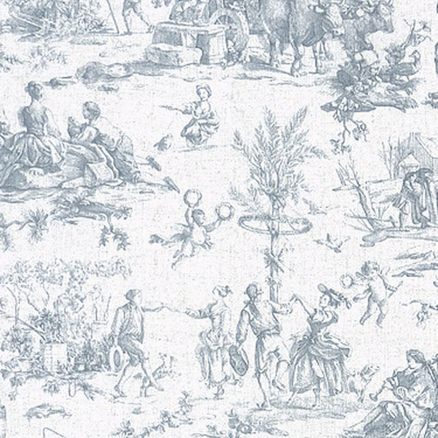 Pale denim blue toile print with figures and pastoral scenes on a light ground