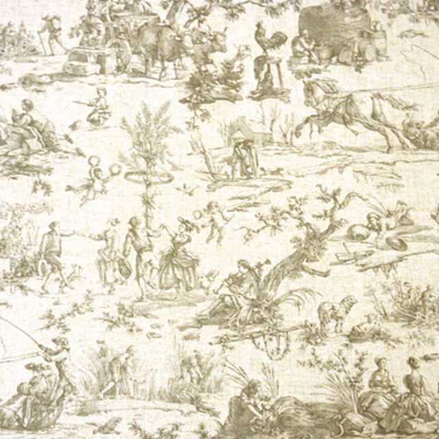 Pale French grey toile print with pastoral figures, trees and animals