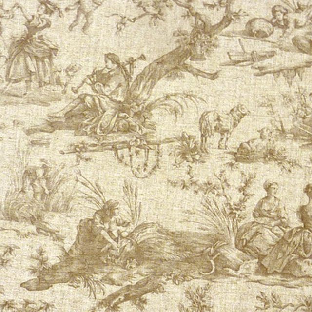 Large sepia toile print on warm natural beige fabric