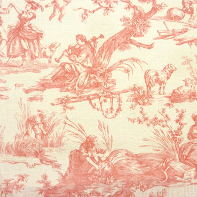 Pink toile print with figures, animals and pastoral scenes on a pale ground
