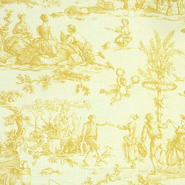 Pale yellow scenic toile print with figures, trees and urns on a creamy ground