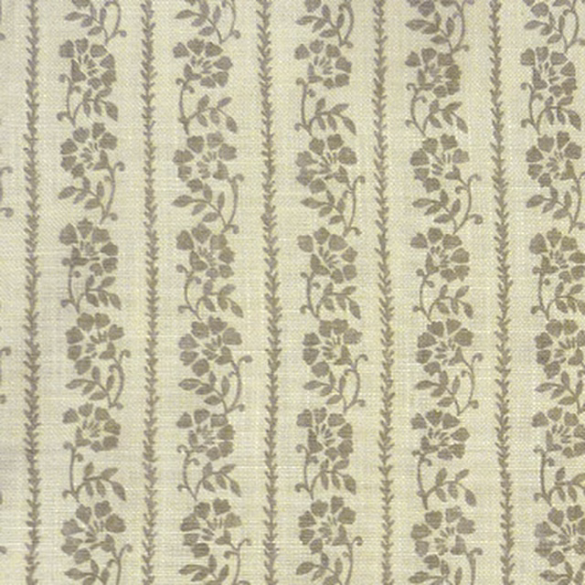Vertical floral stripe fabric in soft French grey on a light ground
