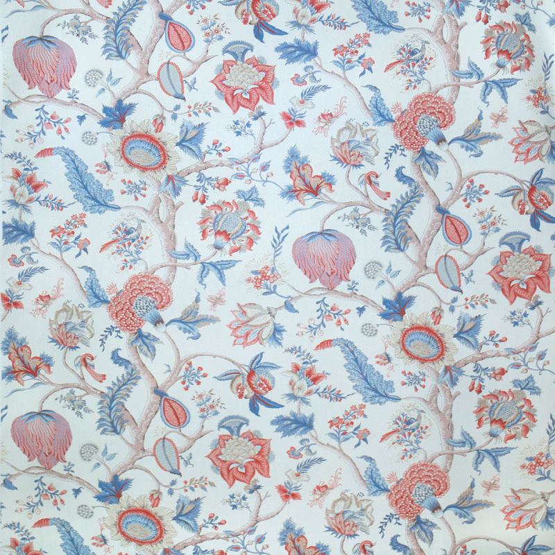 Pale botanical print with pink blossoms, blue leaves and branching stems