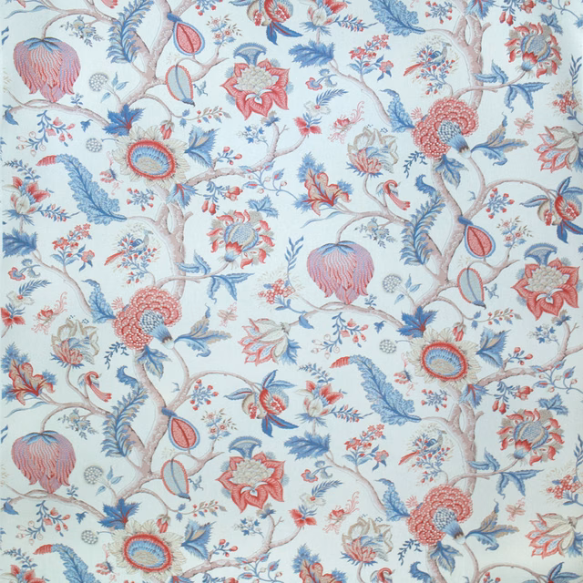 Pale botanical print with pink blossoms, blue leaves and branching stems