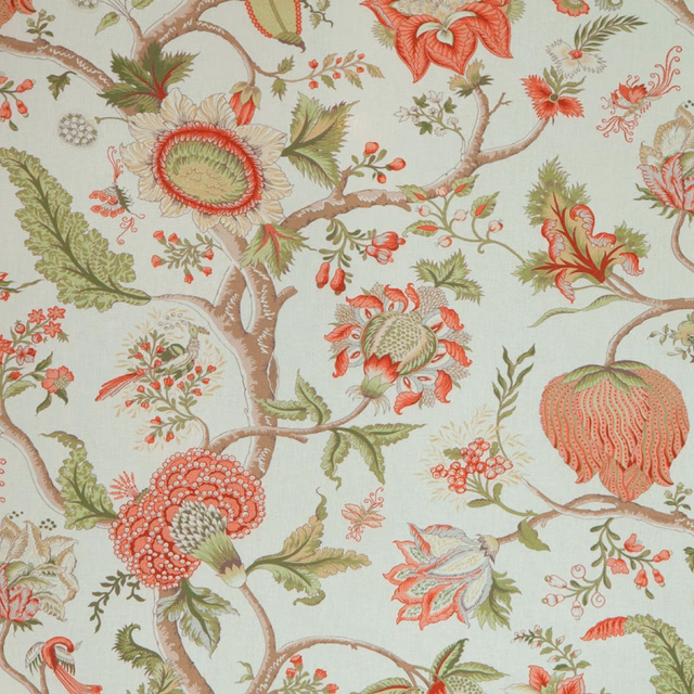 Cream ground botanical fabric with coral flowers, green leaves and brown branches