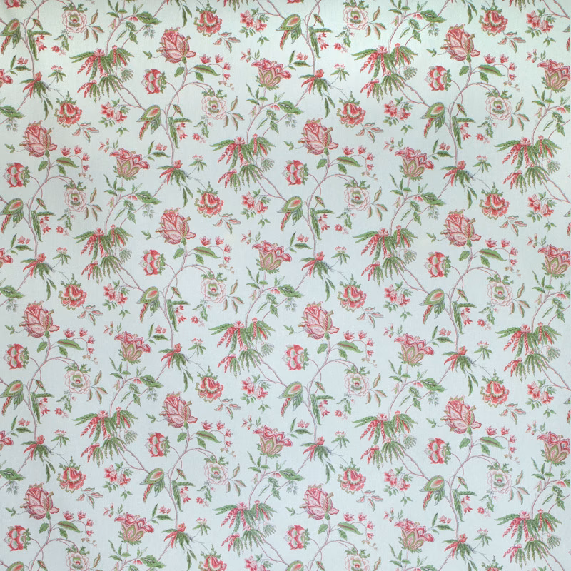 Pale floral fabric with geranium pink blossoms and leaf green stems