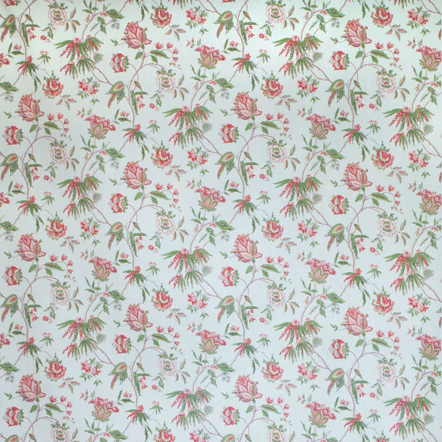 Pale floral fabric with geranium pink blossoms and leaf green stems