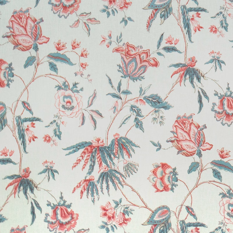 Close-up of raspberry pink and teal floral print on a pale ground