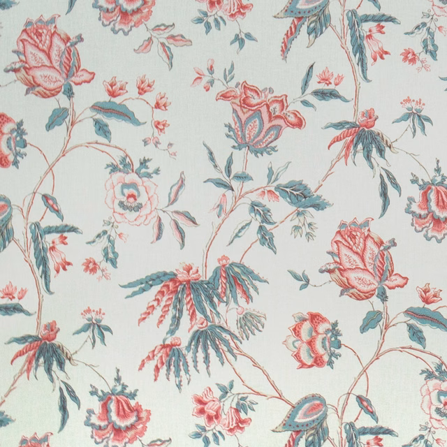Close-up of raspberry pink and teal floral print on a pale ground