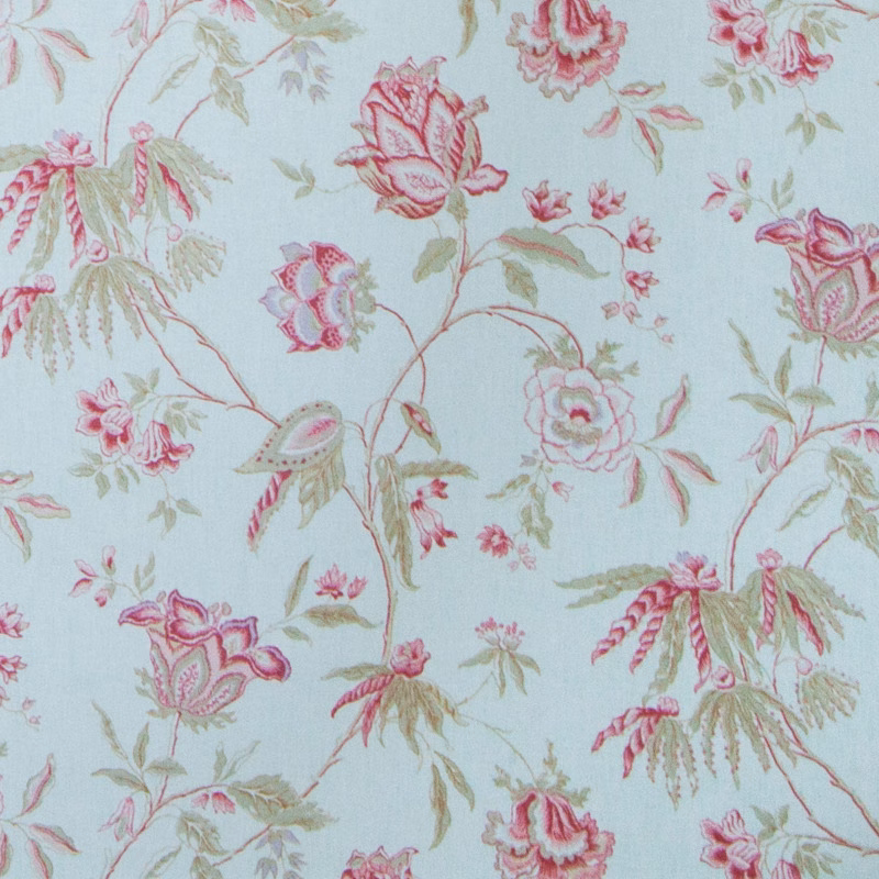 Ivory floral fabric with rose pink blossoms and soft olive leaves