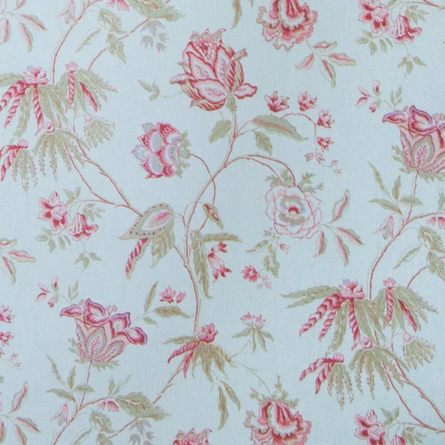 Ivory floral fabric with rose pink blossoms and soft olive leaves