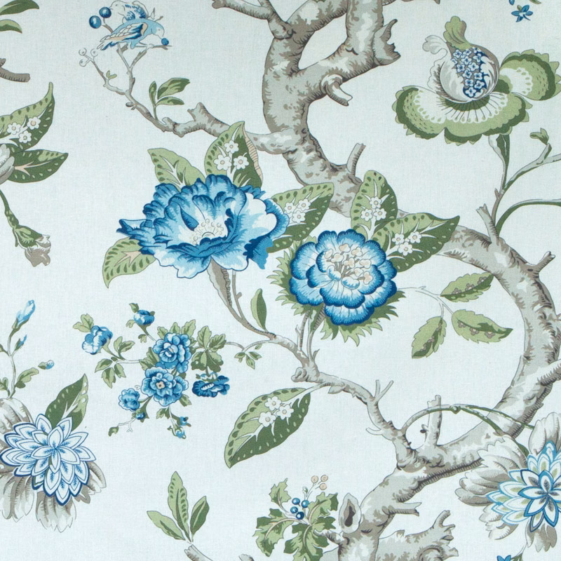 Indigo and moss botanical print with branches, flowers and pale ground