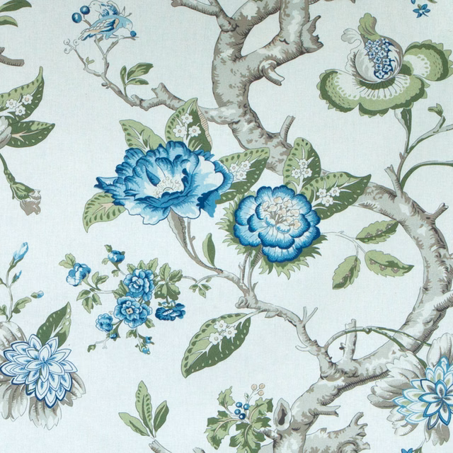 Indigo and moss botanical print with branches, flowers and pale ground