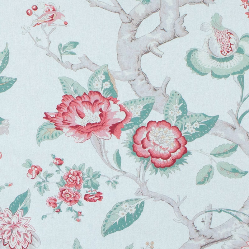 Pink and mint floral print with pale branches on a light ground