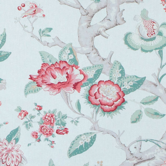 Pink and mint floral print with pale branches on a light ground