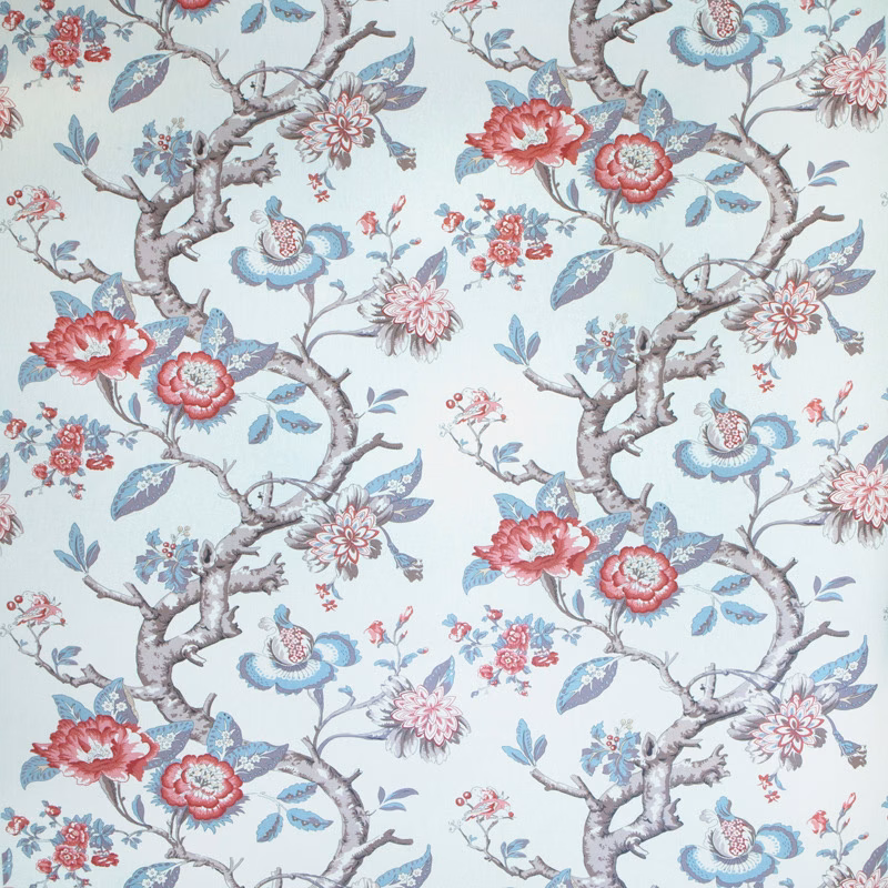 Pale blue botanical fabric with twisting branches, red flowers and blue leaves