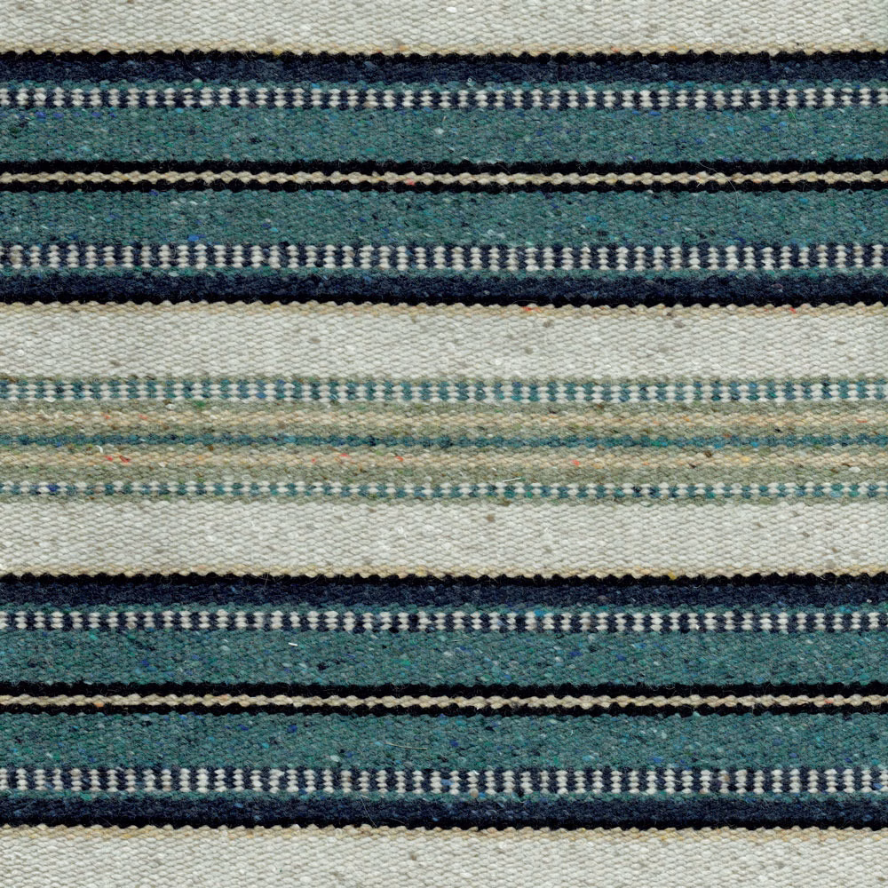 Textured teal and indigo striped woven fabric with cream bands