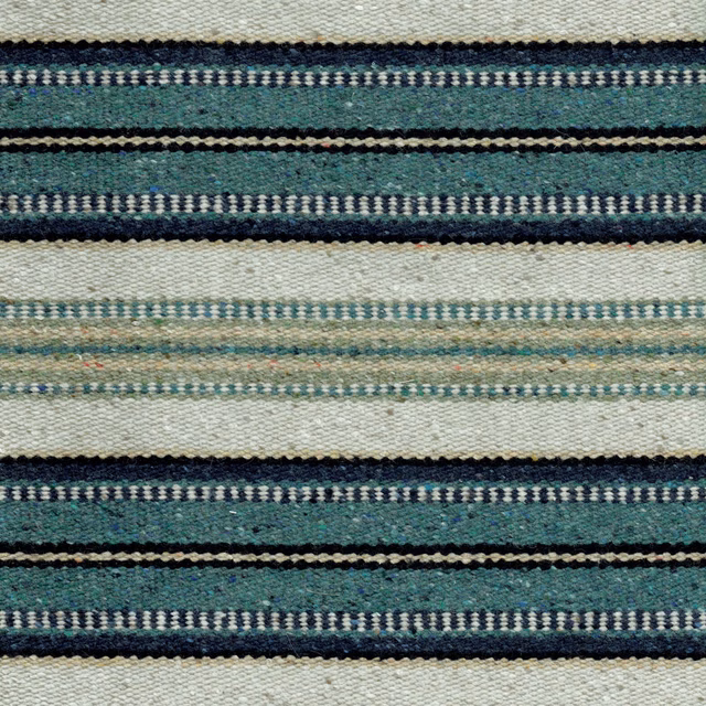 Textured teal and indigo striped woven fabric with cream bands