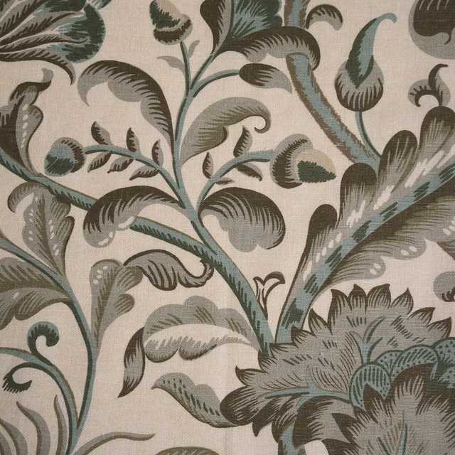 Cream fabric swatch with large sage and teal scrolling botanical leaves