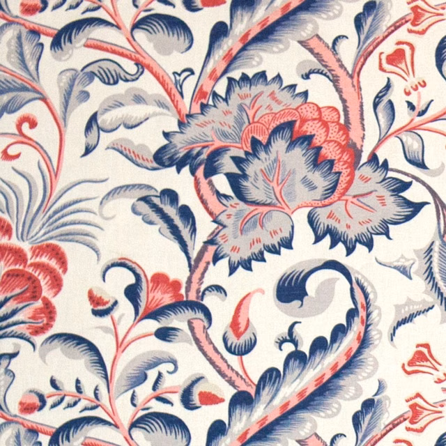 Ivory fabric with large navy and coral floral scroll print
