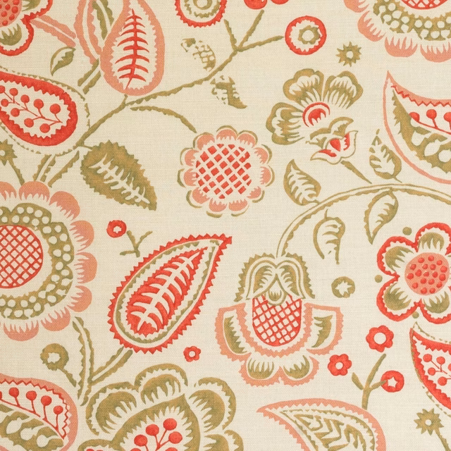 Cream botanical fabric with coral and olive paisley-style floral motifs