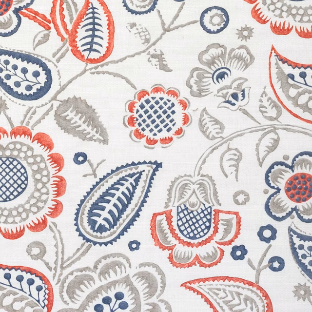 Ivory floral fabric swatch with coral, navy and grey leaf motifs