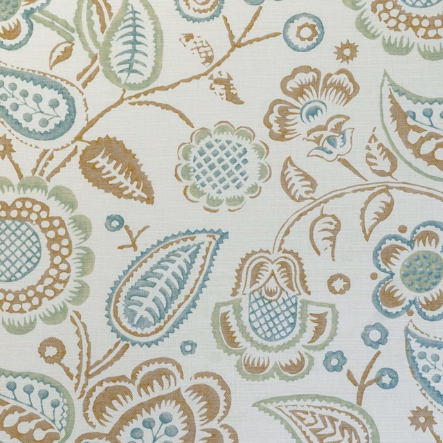 Pale ground fabric with aqua, sage and ochre floral leaf motifs