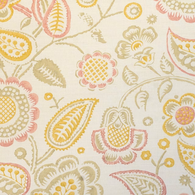 Cream floral fabric with blush pink and gold stylised leaves and blooms