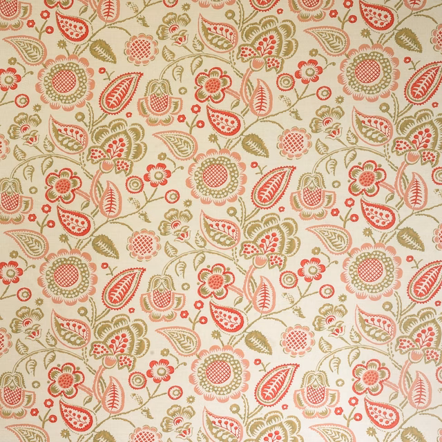 Cream floral patterned fabric with coral and olive folk motifs