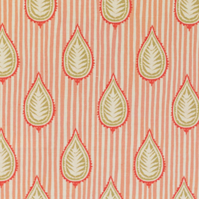 Coral-peach striped fabric with olive teardrop leaf motifs and red outlines