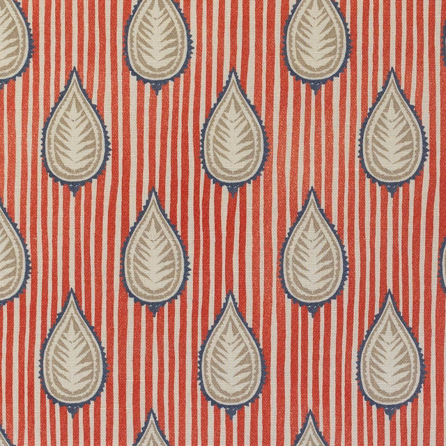 Coral red and white striped fabric with cream teardrop motifs and blue-grey outlines