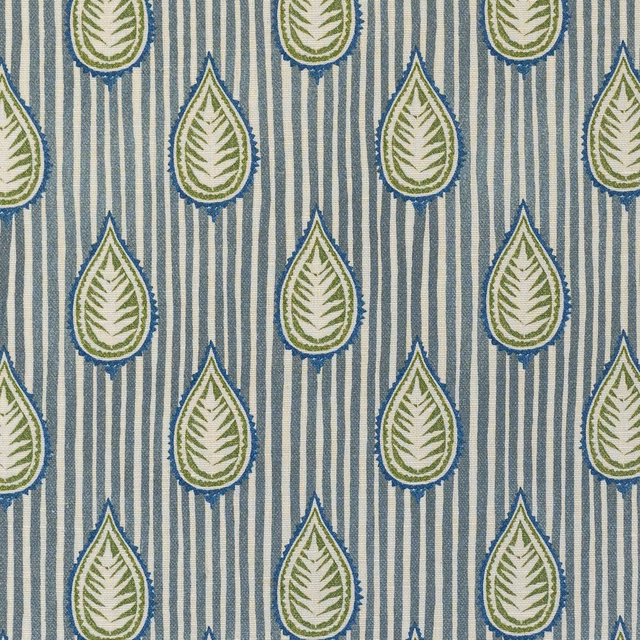 Blue-grey striped fabric with olive teardrop motifs and textured weave