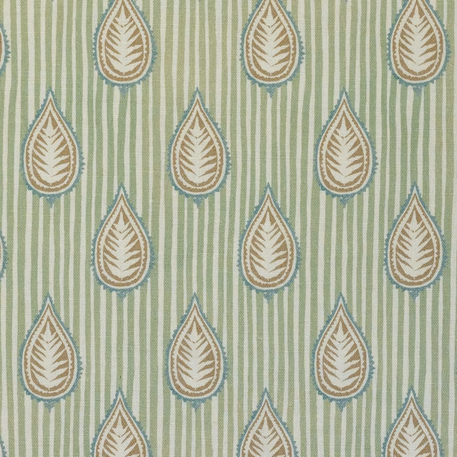 Pale sage green striped fabric with teardrop leaf motifs in tan and blue-green