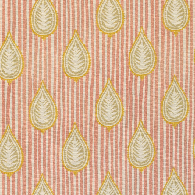 Coral pink striped fabric with lemon-outlined leaf motifs and textured weave