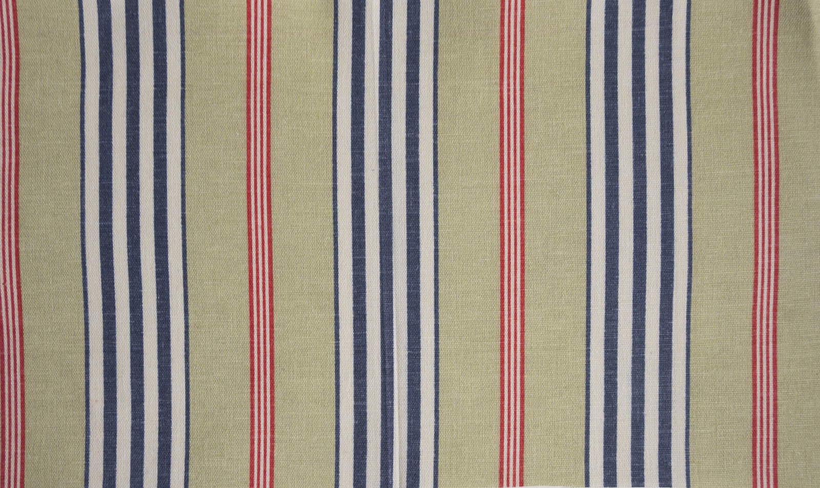 Olive green striped fabric swatch with navy and red vertical pinstripes