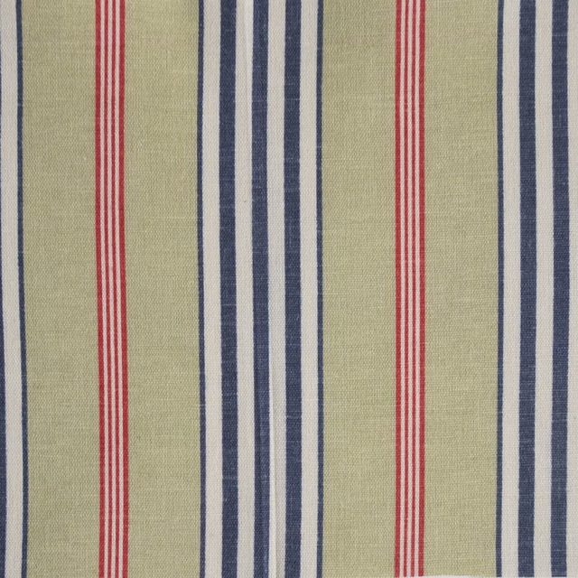 Olive green striped fabric swatch with navy and red vertical pinstripes