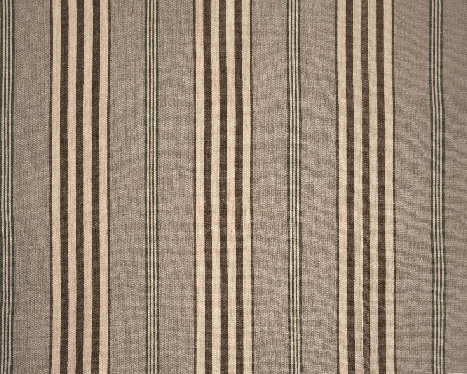 Taupe striped fabric swatch with cream, brown and green vertical bands