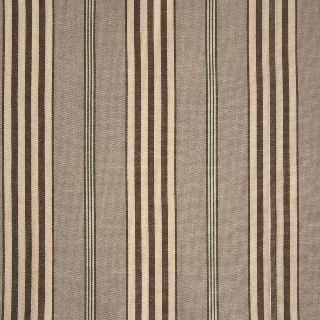 Taupe striped fabric swatch with cream, brown and green vertical bands