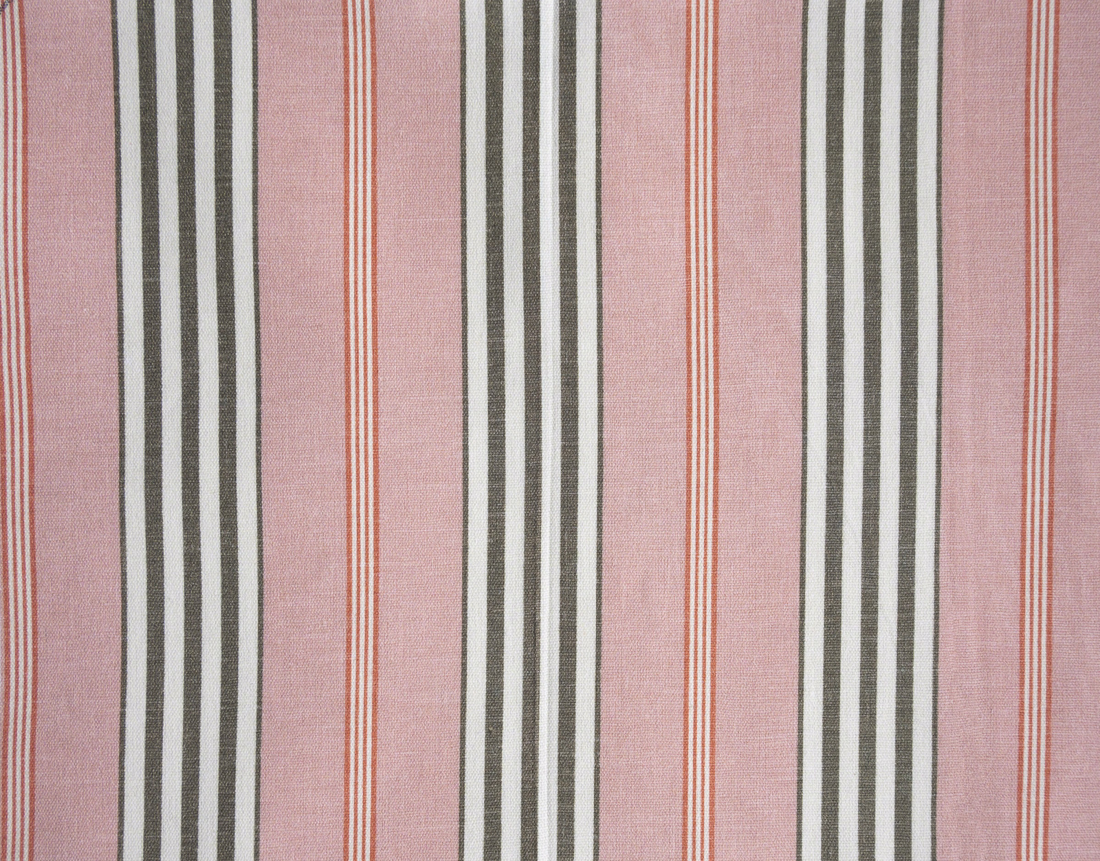 Soft dusty pink striped fabric with rust and olive-grey vertical bands