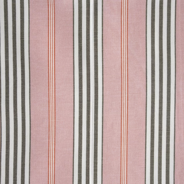Soft dusty pink striped fabric with rust and olive-grey vertical bands