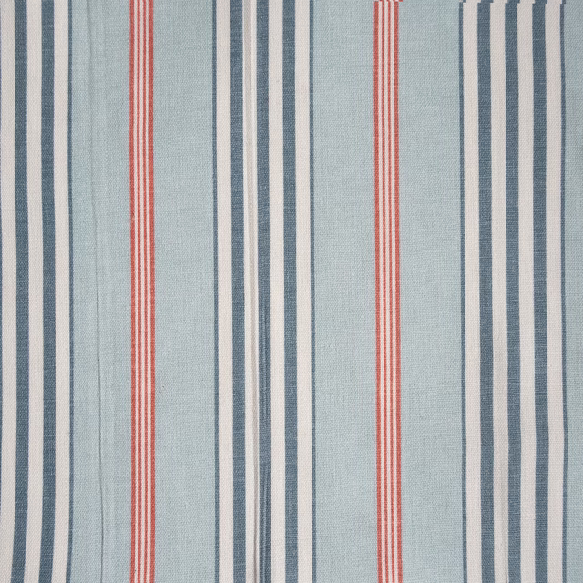 Pale blue striped fabric with navy, white and coral vertical bands