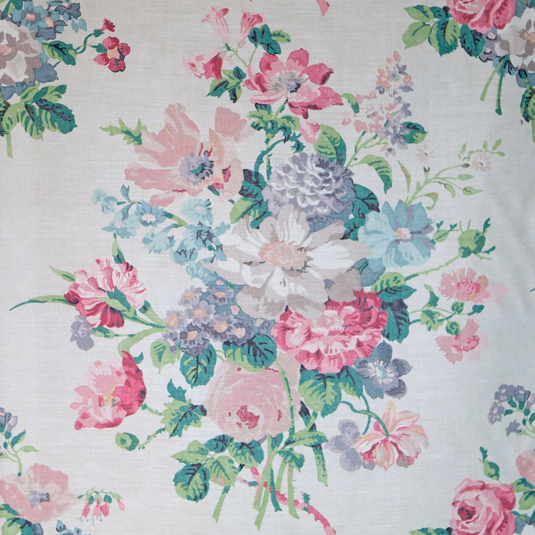 Large painterly floral fabric with berry pink, aqua, grey and green blooms on ivory