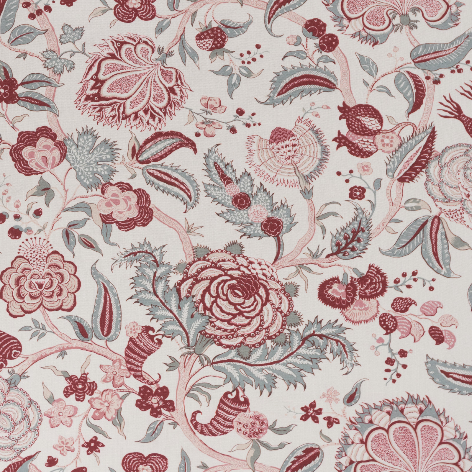 Large floral print swatch in dusty rose red, blush and sage on cream ground