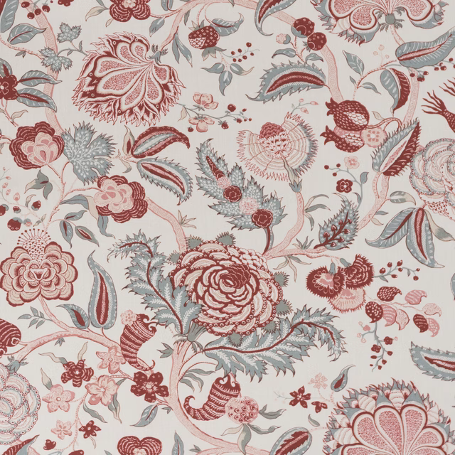 Large floral print swatch in dusty rose red, blush and sage on cream ground