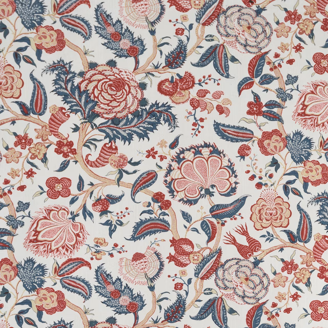 Ivory floral fabric with red blooms, blue foliage and scrolling stems