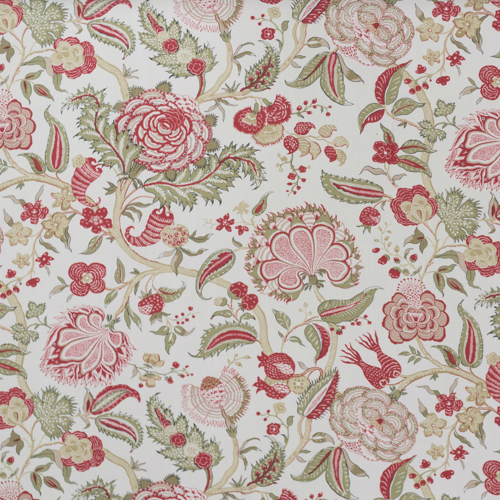 Large-scale floral print in coral red, sage green and blush on a pale ground