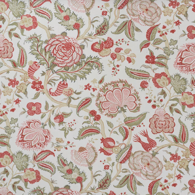 Large-scale floral print in coral red, sage green and blush on a pale ground
