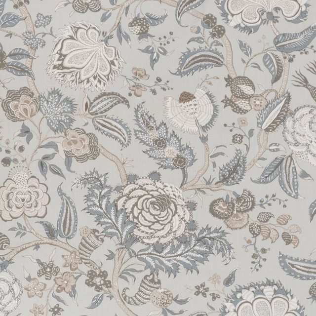 Soft grey floral fabric with blue-grey and taupe trailing botanical motifs
