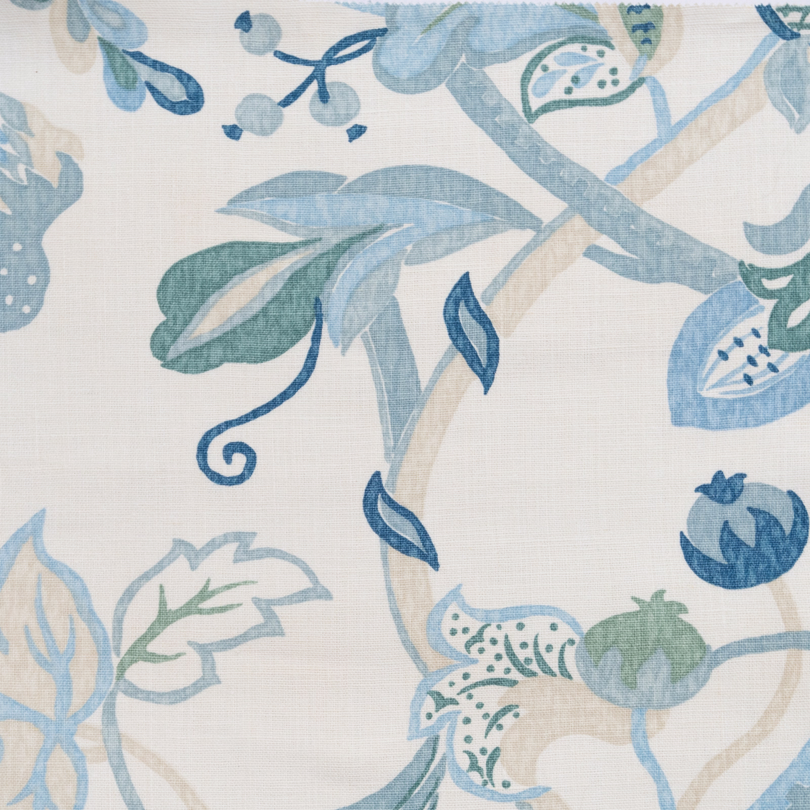 Large-scale botanical print in soft blue, aqua, sage and navy on a pale ground