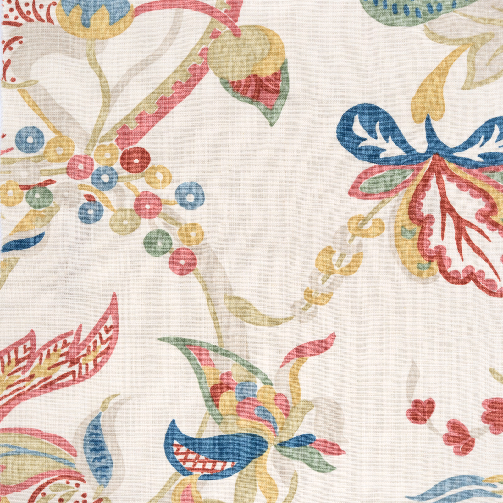 Multicolour botanical print on an ivory ground with leaves, berries and scrolls